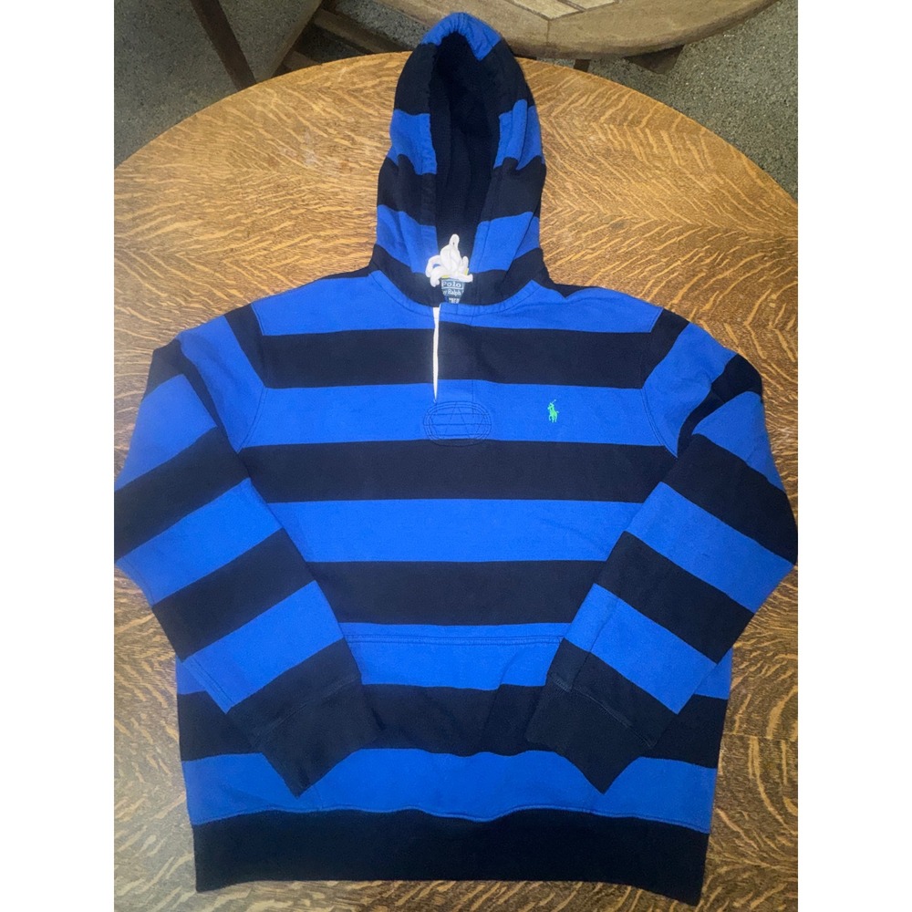 Polo Ralph Lauren Hooded Rugby Shirt XXL Navy Royal Blue Stripe Pullover